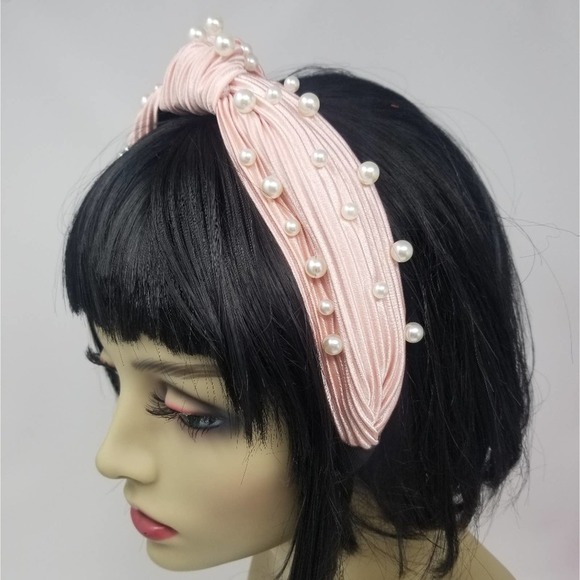 Blush Pearl Knot Pleated Silk Headband Crown Headpiece - Picture 2 of 9